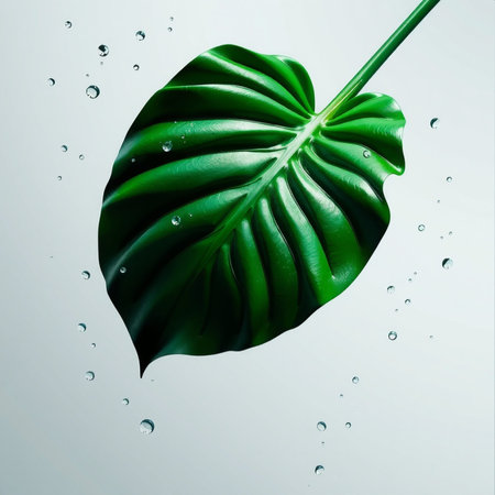 Green leaf with water drops on a white background. 3d renderingの素材