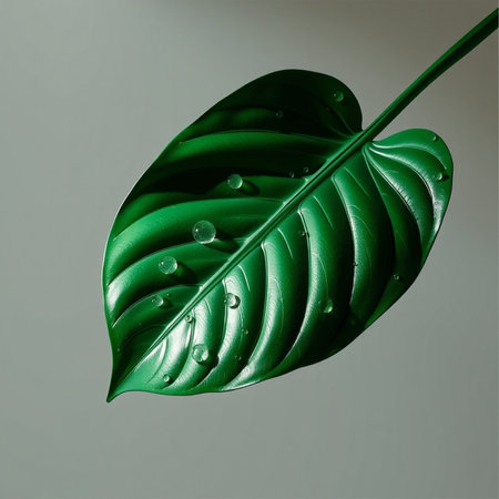 Green leaf with drops of water on a gray background. 3d renderingの素材