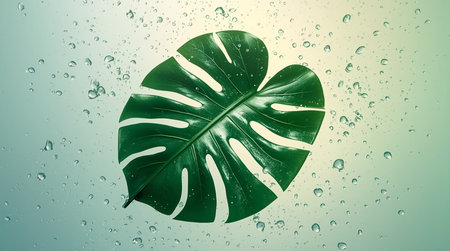 Monstera leaf with water drops on a green background. 3d renderingの素材