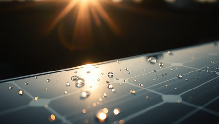 Solar panel with water drops and sun rays. Alternative energy concept.の素材