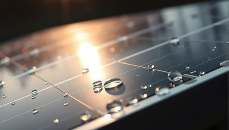 Solar panel with water drops close-up. 3D rendering.の素材