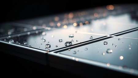 Close up of solar panel with water droplets on the surface.の素材
