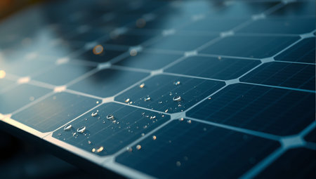 Close-up of photovoltaic panel with water drops. Alternative energy conceptsの素材