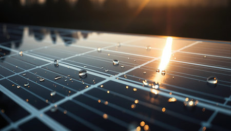 Solar panel with water drops on it. 3d render illustration.の素材