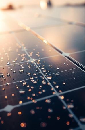solar panel with water drops on it, closeup of photoの素材