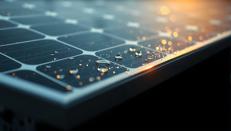 Solar panel closeup with water drops. Alternative energy sources. 3D renderingの素材