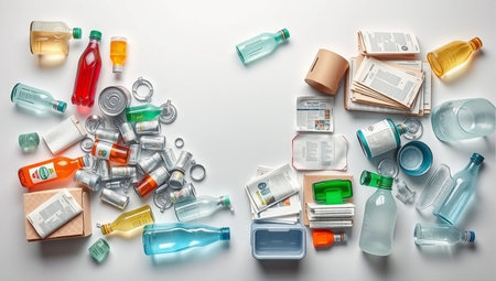 Plastic waste on white background. Recycling and environmental conceptの素材