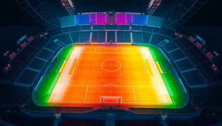 3D render of a soccer stadium with lights and flares in the nightの素材
