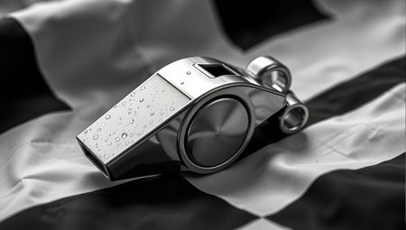 Referee whistle on a black and white flag with water drops.の素材