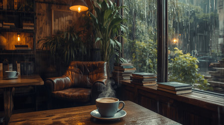 Coffee cup and books on the wooden table in coffee shop with rainの素材