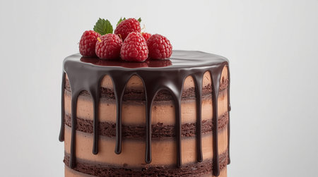 Chocolate cake with raspberries and mint on a white backgroundの素材