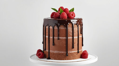 Chocolate cake with raspberries on a white background. 3d renderingの素材