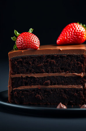 Chocolate cake with strawberries on a black background. Shallow doff.の素材