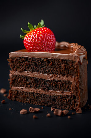 Chocolate cake with strawberries on a black background. Selective focus.の素材