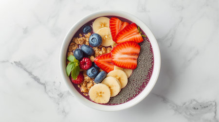 Healthy breakfast bowl with yogurt, berries and granola backgroundの素材