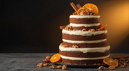 Chocolate cake with cream, orange and nuts on a dark backgroundの素材