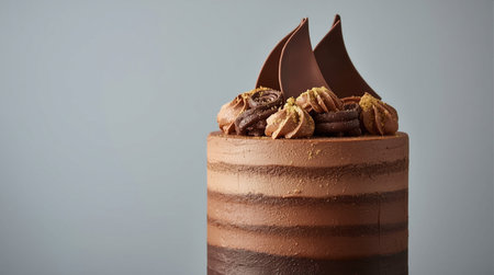 Chocolate cake with nuts and chocolate cream on a gray background.の素材