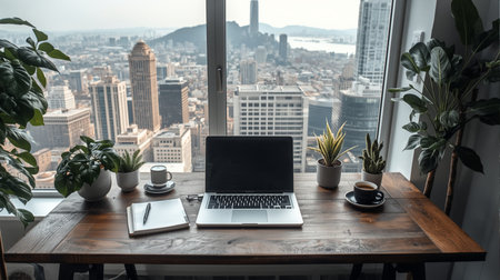 Laptop and coffee cup on wooden table with city view in backgroundの素材