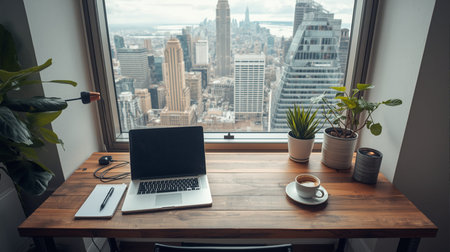 Laptop and coffee on a wooden table with a view of New York Cityの素材