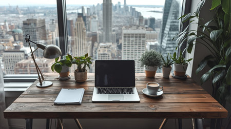 Laptop and coffee cup on wooden table in office with city viewの素材