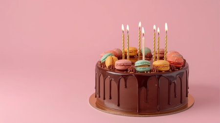 Chocolate cake with macaroons and burning candles on pink backgroundの素材