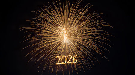 Happy new year 2026 written with Sparkle firework on black backgroundの素材