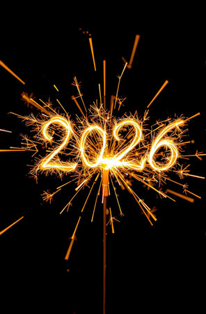 Happy new year 2026 written with Sparkle firework on black background.の素材