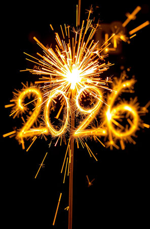 Happy New Year 2026 written with Sparkle firework on black background.の素材
