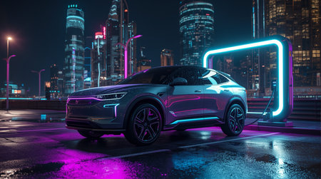 3D rendering of a brand-less generic concept car in the cityの素材