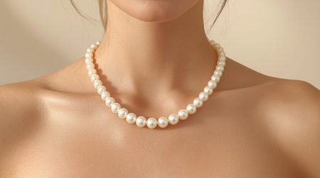 Beautiful woman with pearl necklace on her neck, close-upの素材