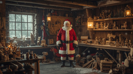 Santa Claus standing in his workshop. Christmas and New Year concept.の素材