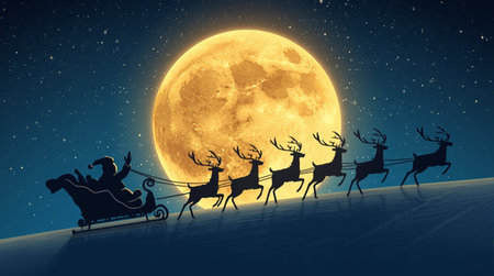 Santa Claus in sleigh pulled by reindeers on full moon backgroundの素材