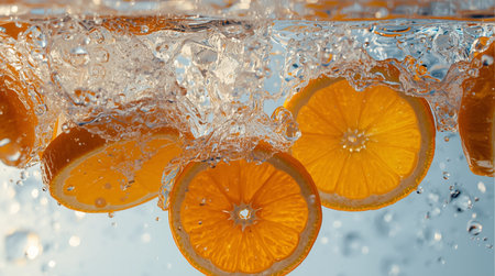 Orange slices in water with bubbles, closeup. Citrus backgroundの素材