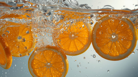 Slices of orange falling into water with bubbles on white backgroundの素材