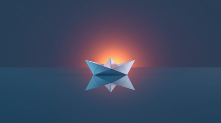 Paper origami ship on blue background, 3d rendering. Computer digital drawing.の素材