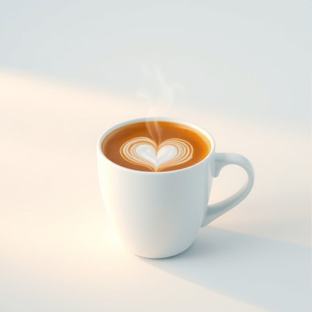 Coffee cup with heart shape on white background, 3d renderの素材