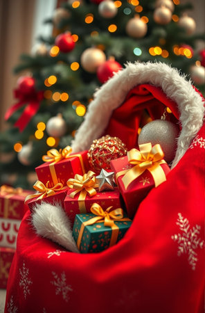 Christmas tree with gifts in Santa's bag on blurred background, closeupの素材