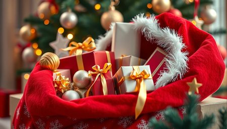 Santa Claus bag with gifts and Christmas tree on background, closeupの素材