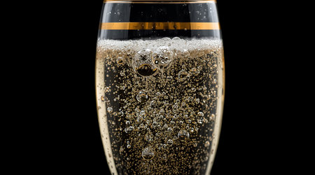 Glass of champagne with bubbles on a black background, close-upの素材