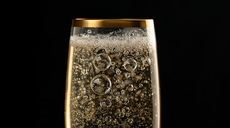 Glass of champagne with bubbles on a black background. 3d illustrationの素材