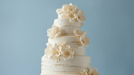 Wedding cake with white flowers on a blue background. Copy space.の素材