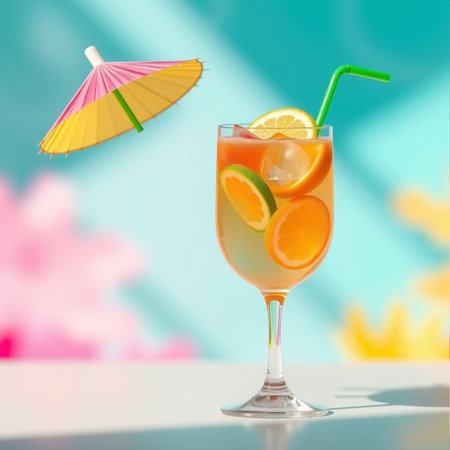 Summer cocktail with orange, lemon, lime and ice on the beachの素材