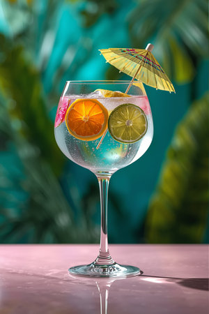 Cocktail with lemon and orange on the background of tropical leavesの素材