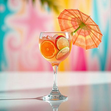Cocktail with orange, lemon, lime and ice on colorful backgroundの素材