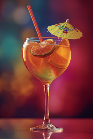 Cocktail with orange and lemon on a dark red background.の素材