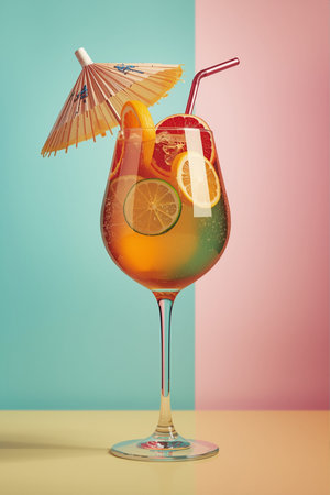 Cocktail with orange, lemon and ice on colorful background.の素材