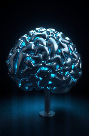 3D rendering of a blue brain on a pedestal in black backgroundの素材
