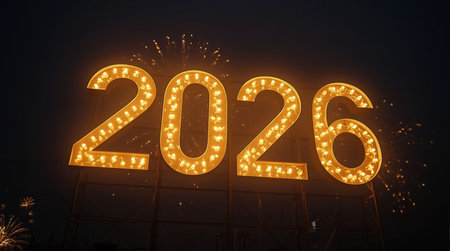 Happy New Year 2026. Illuminated neon sign with number 2026.の素材