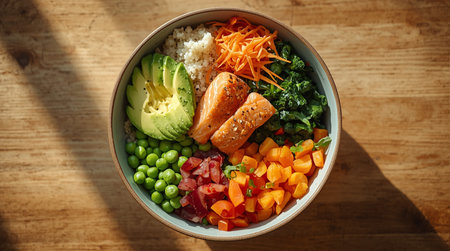 Bowl of poke bowl with salmon, avocado, pea, carrot and cucumberの素材