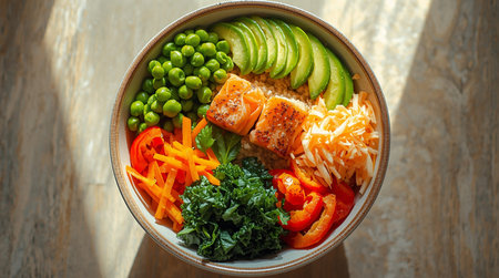Healthy lunch bowl with salmon, avocado, green parts, carrot and lettuce.の素材